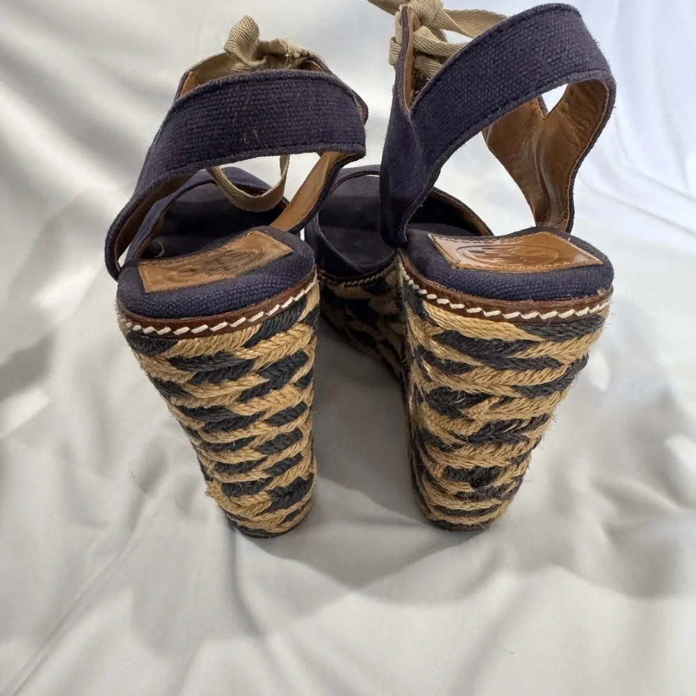 Tory Burch Navy and Tan Espadrille Wedges